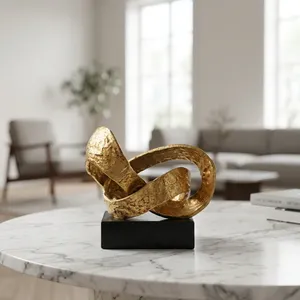 Sculpture métallique abstraite finition or, statue décorative moderne, objet de décoration de table avec base noire pour la maison, le bureau ou le salon - Product Image 4