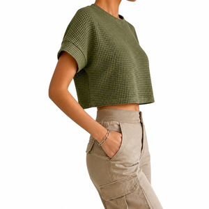 Women's Olive <b>Green</b> Waffle Knit Lace <b>Crop</b> <b>Top</b> Short Sleeve Crew Neck Loose Fit Casual Solid Color Cotton Bamboo Spring Summer - Product Image 6