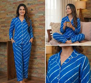 Conjunto de Pijama para Mujer, Hecho a Mano en India, 100% Algodón, Estampado de Bloques, Estampado de Rayas, para Damas de Honor, Verano - Product Image 6