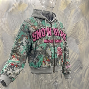 Snow Grace <b>Cropped</b> <b>Zip</b>-<b>Up</b> <b>Hoodie</b> Unisex Oversized Fit Streetwear Print Design With Pocket And Distressed Details - Product Image 2