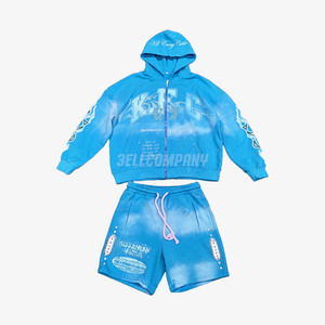 Ensemble de survêtement pour homme tie-dye orange personnalisé, sweat à capuche zippé et short, tenue streetwear - Product Image 5