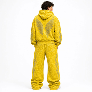 Unisex Acid Wash <b>Yellow</b> Hooded <b>Tracksuit</b> Full Sleeve Regular Fit Casual Winter Solid Color 100% Cotton Elastic Waist Pants Side - Product Image 2