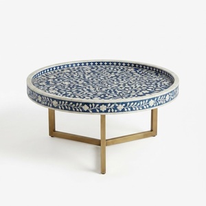 Table basse ronde à deux niveaux en os bleu et blanc fait main, table d'appoint pour salon, table en résine avec incrustation de couleur personnalisée - Product Image 6