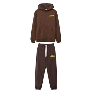 ชุดออกกำลังกายมีฮู้ดสำหรับผู้ชายและผู้หญิงชุดเสื้อกางเกงผ้าคอตตอน100% โอเวอร์ไซส์ผ้าคอตตอนพิมพ์โลโก้ - Product Image 1