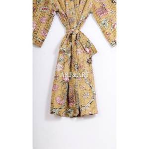 Robe Kantha matelassée faite main style kimono japonais, imprimé floral et oiseaux, 100% coton, pour l'été et le printemps - Product Image 6