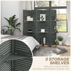 Divisorio Artigianale in Legno a 5 Pannelli, Alto 170 cm, con 3 Ripiani Pieghevoli per Camera da Letto, Grigio - Separatore per la Casa - Product Image 4