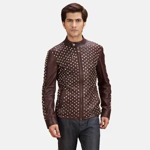 Veste de motard en cuir bordeaux cloutée vintage écologique pour homme Blix Bono - Product Image 1