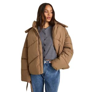 Chaqueta Acolchada Impermeable de Invierno de Lona Tejida Marrón para Mujer con Logotipo Personalizado para Hombre - Product Image 1