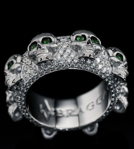 <b>Mens</b> Skull Band <b>Ring</b> with Green Gem Eyes and Full Diamond Pave Gothic <b>Silver</b> Statement Jewelry for Biker Style - Product Image 1
