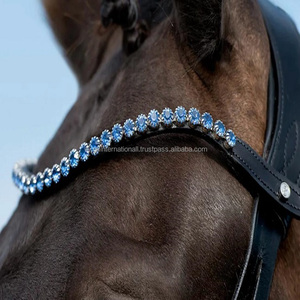 Banda de cejas de caballo de cuero inglés marrón negro con forma de onda profunda hecha a mano decorada con cristales de zafiro redondos grandes banda de cejas ostentosa - Product Image 5