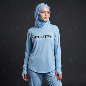 Female Performance Hoodjab <b>Top</b> Customizable OEM ODM Sportswear Integrated Hijab Hood Yoga Workout Pullover with Thumb Loop Cuffs - Product Image 1