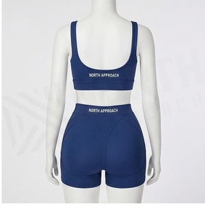North Approach 2 Piece Yoga Set Solid <b>Blue</b> High Waist Shorts Scoop Neck Sports <b>Bra</b> Breathable Seamless Women's Activewear - Product Image 2
