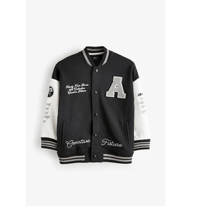 Veste universitaire unisexe noire et blanche avec logo brodé sur la manche gauche, coupe classique, col rabattu, vêtement décontracté pour l'automne - Product Image 1