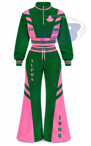 Alfa |   Kapa |   Conjunto Deportivo Casual para Mujer Alpha Sorority, Verde y Rosa, Manga Larga, Media Cremallera, con Cordón Ajustable, para Correr - Product Image 1