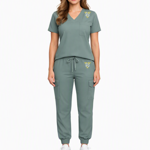 High Quality Customizable <b>Women</b> Scrub Set V Neck <b>Short</b> Sleeve Top <b>Cargo</b> Pants Hospital Uniform Sage Green Cotton Blend - Product Image 6