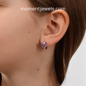 Boucles d'oreilles clous géométriques en argent sterling 925 plaqué platine avec zircon violet taille princesse et nœud, pour femme, cadeau, fête - Product Image 2