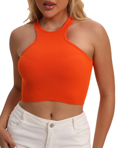 Women's Orange Halter Knitted <b>Crop</b> <b>Top</b> Solid Color Sleeveless Tank <b>Top</b> Casual Style - Product Image 1