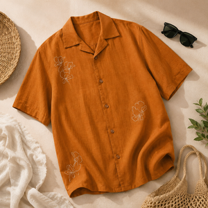 Fashionable Mens Brown Orange Cotton Embroidery <b>Shirt</b> <b>Half</b> Sleeves Floral Casual <b>Button</b> <b>Shirt</b> - Product Image 3