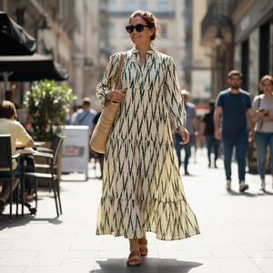 Vestido de Algodón con Estampado Chevron, Manga Larga, Cuello en V, Diseño de Paneles, Hecho a Mano, Vestido Largo para Mujer, Obra Maestra de Alta Calidad - Product Image 2