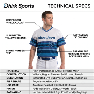Maillot de baseball rétro sublimé pour hommes, personnalisé OEM, col en V, rayé, anti-humidité, uniforme d'équipe des Blue Jays - Product Image 5