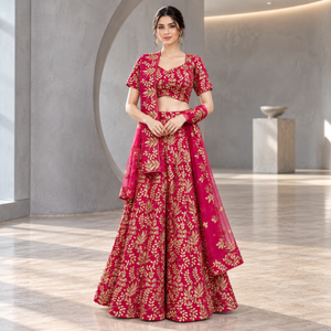 Georgette Pink Lehenga Choli with Heavy Zari Floral Work | Indian Wedding Party Wear Ethnic Set with Sheer <b>Net</b> <b>Dupatta</b> for Women - Product Image 2