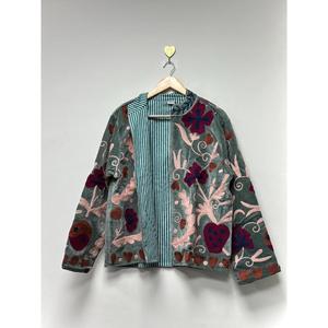 Handmade Suzani Gray <b>Velvet</b> <b>Jacket</b> Floral Embroidery Stand Collar Bohemian Full Sleeve Vintage <b>Women</b> Outerwear - Product Image 1