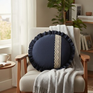 Navy <b>Blue</b> Denim Round Luxury <b>Throw</b> Pillow Cover Washable Removable Low MOQ Home Decor Customisable - Product Image 1