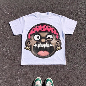 T-shirt à manches courtes pour homme, imprimé dessin animé blanc, col rond, coupe classique, style streetwear, jersey en coton tricoté - Product Image 1