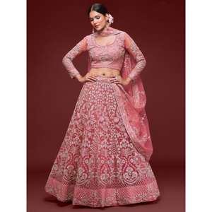 Magnífico Lehenga Choli de novia semisellado con bordado de coral y red, de Zeel Clothing - Product Image 1