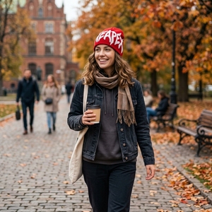 Red White Graphic Knit Beanie Hat Custom Logo Ribbed <b>Winter</b> <b>Cap</b> Unisex Streetwear Fashion Headwear Wholesale OEM Manufacturer - Product Image 3