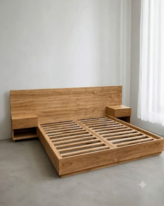 Modern Solid Teak <b>Platform</b> <b>Bed</b> <b>Frame</b> with Wide Headboard and Matching Nightstands for Luxury Hotel Bedroom Furniture - Product Image 3