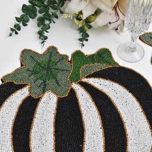 Handmade Beaded Pumpkin Placemat Fabric <b>Table</b> Mat Novelty Design Black White Stripes Green Leaves Custom Shape - Product Image 4