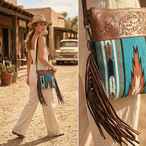 Bolso de mano tipo clutch vintage marrón duradero y ligero para mujer, con diseño en relieve, flecos estilo bohemio y bandolera con manta tejida. - Product Image 2