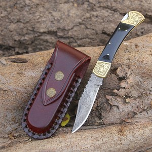 UA Supplies Industrial Grade Damascus Steel Folding Pocket Knife Hand Engraved Brass Bolster Handmade Micarta Handle OEM Private - Product Image 1