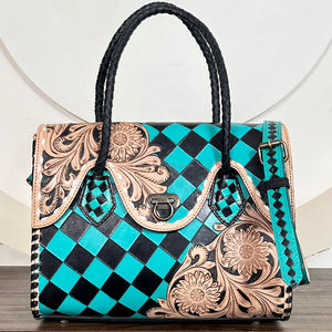 Premium 2026 Fashion Woman's Bag Checkered Floral Design Tooled Leather Tote Messenger Bag Genuine Cowhide Leather Handbag Purse - Product Image 5