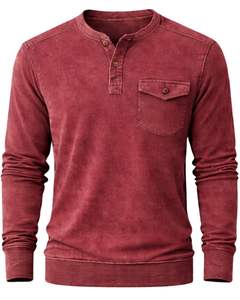 Sweat-shirt Henley à manches longues pour homme, délavé à l'acide, rouge bordeaux, col boutonné, style décontracté avec poche, vêtement d'hiver en coton, coupe ajustée - Product Image 1