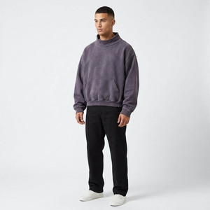 Oversized Turtleneck Crop Sweatshirt Pocket Design Anti-Wrinkle 100% Cotton French Terry 350g Plain Dyed <b>Pullover</b> <b>Men</b> Autumn - Product Image 5