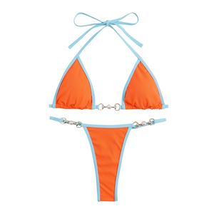 Conjunto de bikini en contraste azul y naranja, traje de baño de dos piezas para mujer con perlas, parte superior e inferior elástica de spandex y poliéster - Product Image 5