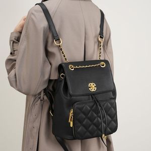 Black Genuine Leather Quilted <b>Backpack</b> Chain Top Handle <b>Backpack</b> <b>Drawstring</b> Flap Bag for Daily Travel - Product Image 3
