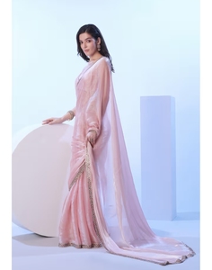 Sari Tradicional de Fiesta para Mujer KV, en Organza Rosa con Adornos de Viscosa y Seda, Sin Arrugas, de Diseño, con Blusa Sin Coser - Product Image 6