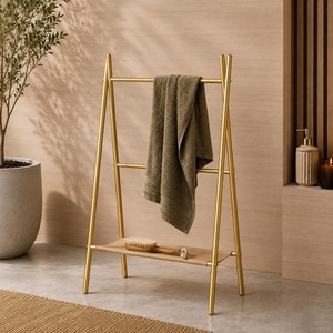 Porte-serviettes de luxe moderne doré sur pied, forme rectangulaire, support de rangement pour salle de bain, à un seul niveau, en métal, design antirouille - Product Image 6