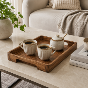 Plateau de service artisanal en bois d'acacia avec poignées découpées |   Plateau de petit-déjeuner rectangulaire décoratif, organisateur de table basse, de qualité supérieure - Product Image 4
