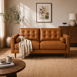 High-End Mid Century Leather Loveseat Button Tufted Back <b>Sofa</b> Vietnam Supply for Home Living Room Furniture - Product Image 1