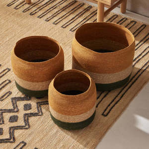 Best Selling Woven Braided Seagrass <b>Storage</b> <b>Basket</b> Set Green Base Natural Tone Eco Friendly Home Organizer Wholesale Bulk Supply - Product Image 2