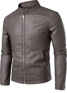 Chaqueta de Motociclista de Cuero PU Gris para Hombre, Corte Ajustado, Cuello Alto, Cierre de Cremallera, Manga Larga, Estilo Otoñal - Product Image 2