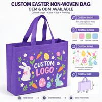 Sacs fourre-tout en tissu non tissé personnalisables avec logo, écologiques, recyclables et réutilisables, imprimés de motifs de lapins et d'œufs de Pâques pastel violets, en gros