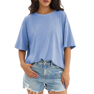 Women's Oversized Light Blue Cotton T-Shirt Short Sleeve Crew Neck Loose Fit Solid Color Breathable Jersey Knit Spring Summer - Product Image 6