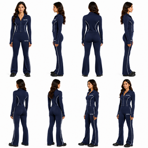 Custom Piping Long Sleeve Zip Up Navy Blue Collared Top <b>Flared</b> <b>Leggings</b> Two Piece <b>Womens</b> Activewear Tracksuit Gym Yoga Suit Sets - Product Image 4