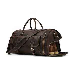 Bolsa de Viaje de Cuero Marrón, Estilo Clásico Unisex, Cierre de Cremallera, para Fin de Semana, Gimnasio, Viajes Cortos, Capacidad de 36–55L - Product Image 1