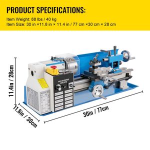 Tornio da banco compatto in metallo 7"x14" 550W con velocità regolabile 2250 RPM, include mandrino a 3 griffe e interfaccia digitale per la lavorazione manuale dei metalli - Product Image 6